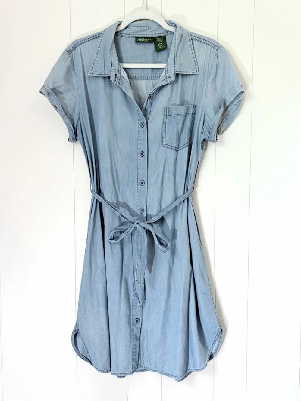 Stillwater Supply Co. Light Blue Denim Shirt Dress Tie Waist Tencel Large - Picture 1 of 7